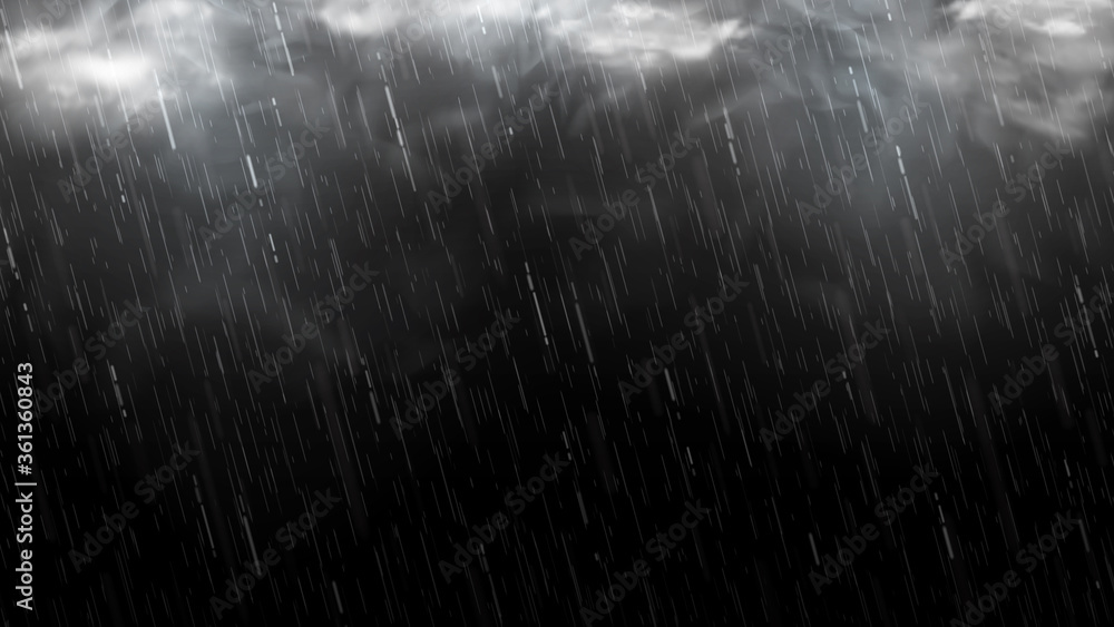 Falling raindrops isolated on black background. Falling water drops texture. Realistic rain with clouds and fog. Vector illustration. - obrazy, fototapety, plakaty 
