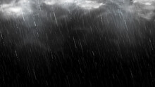 Falling Raindrops Isolated On Black Background. Falling Water Drops Texture. Realistic Rain With Clouds And Fog. Vector Illustration.