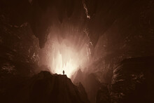Man In Big Cave Surreal 3d Illustration