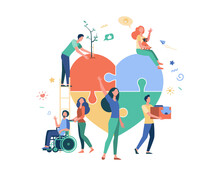 Stylized Volunteers Help Charity And Sharing Hope Isolated Flat Vector Illustration. Cartoon Abstract Social Team Or Group With Humanitarian Support. Donation And Aid Community Concept