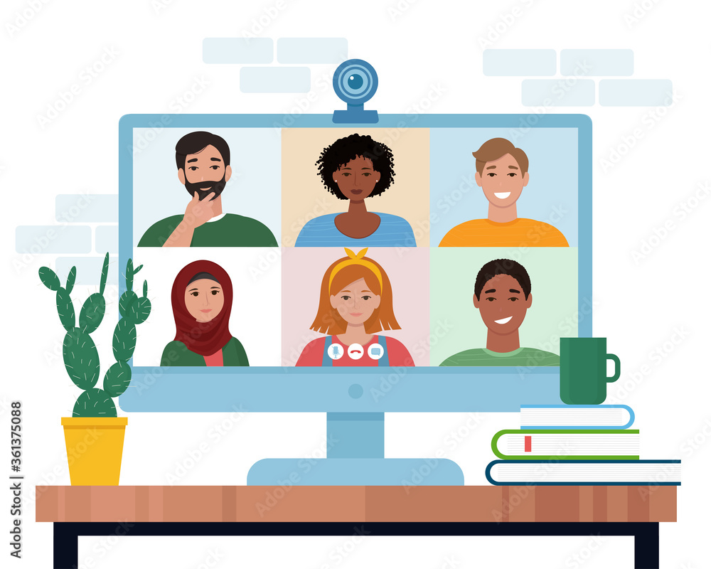 Video conference with people group. Computer screen. Vector illustration in flat style - obrazy, fototapety, plakaty 