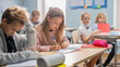 © Gorodenkoff - Elementary Classroom of Diverse Children Listening Attentively to their Teacher Giving Lesson. Brilliant Young Kids in School Writing in Exercise Notebooks, Taking Test and Exams. Children Learning