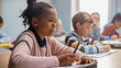 © Gorodenkoff - In Elementary School Classroom Brilliant Black Girl Writes in Exercise Notebook, Taking Test and Writing Exam. Junior Classroom with Diverse Group of Children Working Diligently and Learning New Stuff
