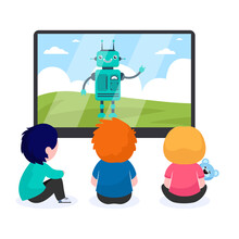 Children Watching Cartoon With Robot. TV, Screen, Toy Flat Vector Illustration. Childhood And Digital Technology Concept For Banner, Website Design Or Landing Web Page