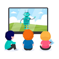 Children watching cartoon with robot. TV, screen, toy flat vector illustration. Childhood and digital technology concept for banner, website design or landing web page