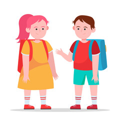 Wall Mural - Little boy and girl chatting with each other. Pupil, backpack, school flat vector illustration. Friendship and childhood concept for banner, website design or landing web page