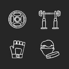 Sticker - Weightlifting chalk white icons set on black background. Weight plates, squat rack, gym gloves and fitness headband. Professional equipment for bodybuilding. Isolated vector chalkboard illustrations