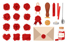 Big Set Red Wax Seal Stamps And Other Tools - Wooden Stamper, Melting Spoon, Envelope. Vintage Post Signet Illustration For Wedding Invitation, Letters, Calligraphy Design. Vector Isolated On White