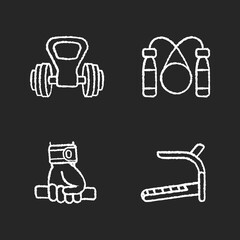 Sticker - Exercise equipment chalk white icons set on black background. Kettlebell handle, jump rope, wrist wraps and treadmill. Sport gear for cardio training. Isolated vector chalkboard illustrations