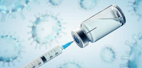 Vaccination or drug concept image with Coronavirus Covid-19 SARS-CoV-2 virus.