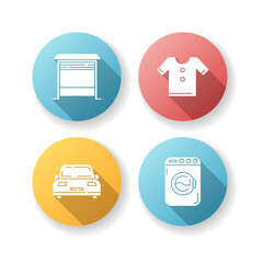 Wall Mural - Household flat design long shadow glyph icons set. Open garage gate for parking lot. Clean tee shirt. Washing machine to do laundry. Laundromat to tidy clothes. Silhouette RGB color illustration