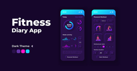Training diary cartoon smartphone interface vector templates set. Mobile app screen page night mode design. Fitness program results and settings UI for application. Phone display with flat character