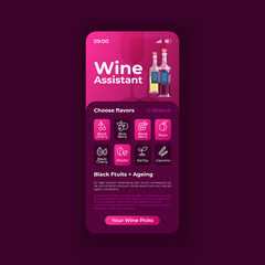 Wine choosing assistant smartphone interface vector template. Mobile app page black theme design layout. Flat UI for application. Alcohol taste virtual assistance screen. Phone display