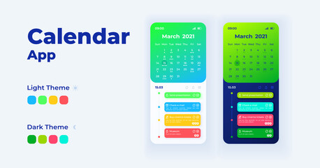 Wall Mural - Calendar smartphone interface vector templates set. Mobile app page light and black theme design layouts. Flat UI for time management application. Events and tasks reminder screens. Phone displays