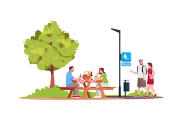 Sticker - Couple sitting at a picnic table in park semi flat RGB color vector illustration. Man and woman walking in public recreation area. Leisure and outing. Isolated cartoon characters on white background