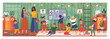 Panorama banner of diverse young kindergarten children with two teachers doing different activities in an education concept, colored vector illustration