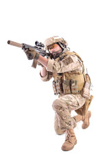 Wall Mural - Portrait Of A Soldier Holding Gun against a white background. isolated. u.s. soldier