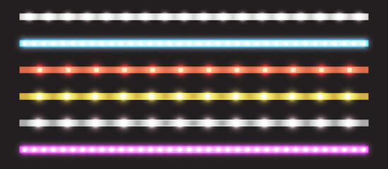 Led strips with neon glow effect isolated on transparent background. Vector realistic set of colored light stripes, glowing tape with pink, red, blue, yellow and white lamp and diode bulbes