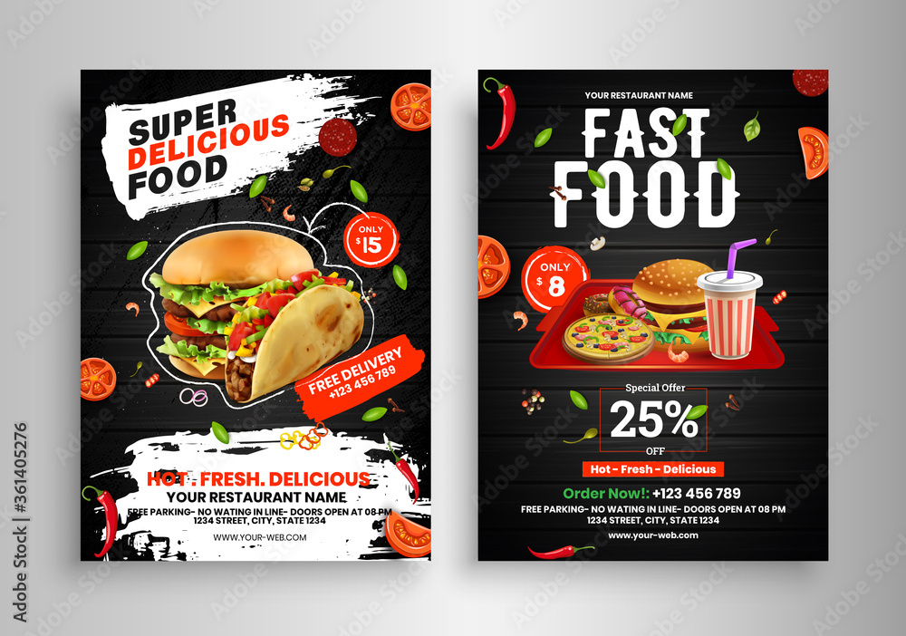 Fast Food Flyer Design Template cooking, cafe and restaurant menu, food ordering, junk food. Pizza, Burger, French fries and Soda. Vector illustration for banner, poster, flyer, cover, menu, brochure. - obrazy, fototapety, plakaty 