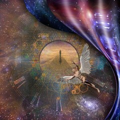 surrealism. man walks on stone road to heaven. man with white wings represents angel. 3d rendering