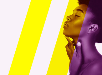 Wall Mural - stylized portrait of young african woman with colorful stripes