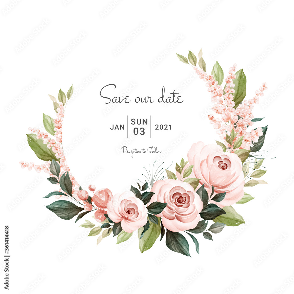 Wreath of brown watercolor roses and wild flowers with various leaves ...