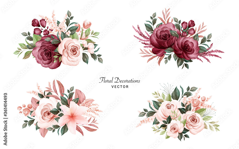 Set of watercolor bouquets of soft brown and burgundy roses and leaves ...