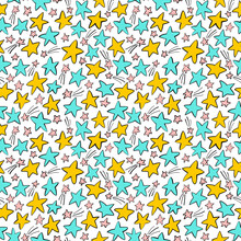 Seamless Pattern With Colorful Stars. Ink Illustration. Hand Drawn Ornament For Wrapping Paper.