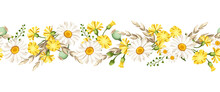 Vector Horizontal Seamless Border With White Daisies And Yellow Wild Flowers And Ears Of Wheat. 