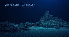 Abstract Digital Landscape With Particles Dots And Stars On Horizon. Wireframe Landscape Background. Big Data. 3d Futuristic Vector Illustration. 80s Retro Sci-Fi Background