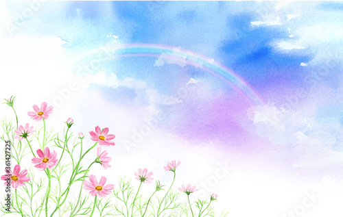 虹とコスモスの風景 水彩画 Stock Vector Adobe Stock