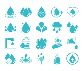 Sticker - water drops nature liquid save environment, drink, blue silhouette style icons set