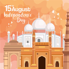 Wall Mural - indian happy independence day, celebration 15 august, with monuments traditional and decoration