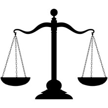 Black Justice Scales Icon. Law Balance Symbol. Libra In Flat Design. Vector Illustration.