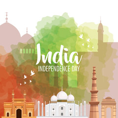 Sticker - indian happy independence day with monuments traditional