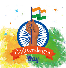 Wall Mural - indian happy independence day, ashoka chakra and hand with flag vector illustration design