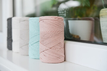 Macrame cotton cord spools in different pastel colors