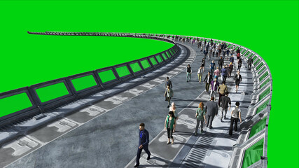 Wall Mural - 3d people in Sci fi tonnel. Traffic. Concept of future. Green screen . 3d rendering.