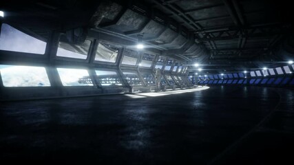 Wall Mural - alone astronaut in futuristic space corridor, room. view of the earth. cinematic 4k footage.