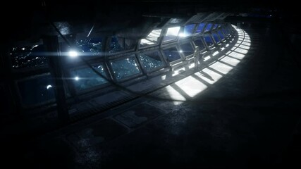 Wall Mural - alone astronaut in futuristic space corridor, room. view of the earth. cinematic 4k footage.