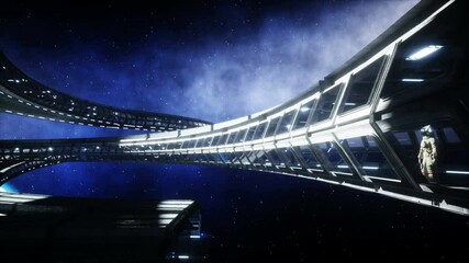 Wall Mural - alone astronaut in futuristic space corridor, room. view of the earth. cinematic 4k footage.