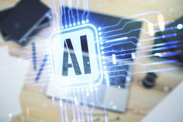 Wall Mural - double exposure of creative artificial intelligence icon with modern laptop on background. neural ne