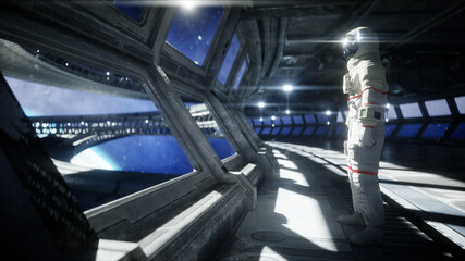 Wall Mural - alone astronaut in futuristic space corridor, room. view of the earth. 3d rendering.