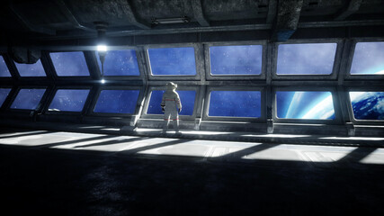 Wall Mural - alone astronaut in futuristic space corridor, room. view of the earth. 3d rendering.