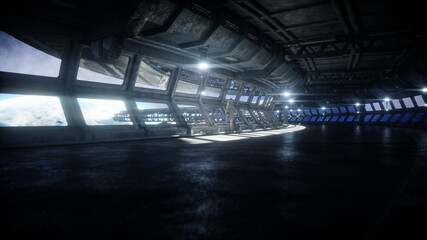 Wall Mural - alone astronaut in futuristic space corridor, room. view of the earth. 3d rendering.