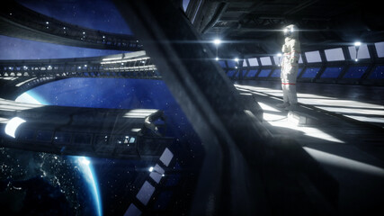 Wall Mural - alone astronaut in futuristic space corridor, room. view of the earth. 3d rendering.
