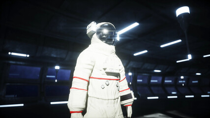 Wall Mural - alone astronaut in futuristic space corridor, room. view of the earth. 3d rendering.