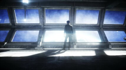 Wall Mural - people in futuristic space corridor, room. view of the earth. cinematic 4k footage.