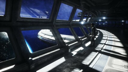 Wall Mural - people in futuristic space corridor, room. view of the earth. cinematic 4k footage.