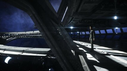 Wall Mural - people in futuristic space corridor, room. view of the earth. cinematic 4k footage.